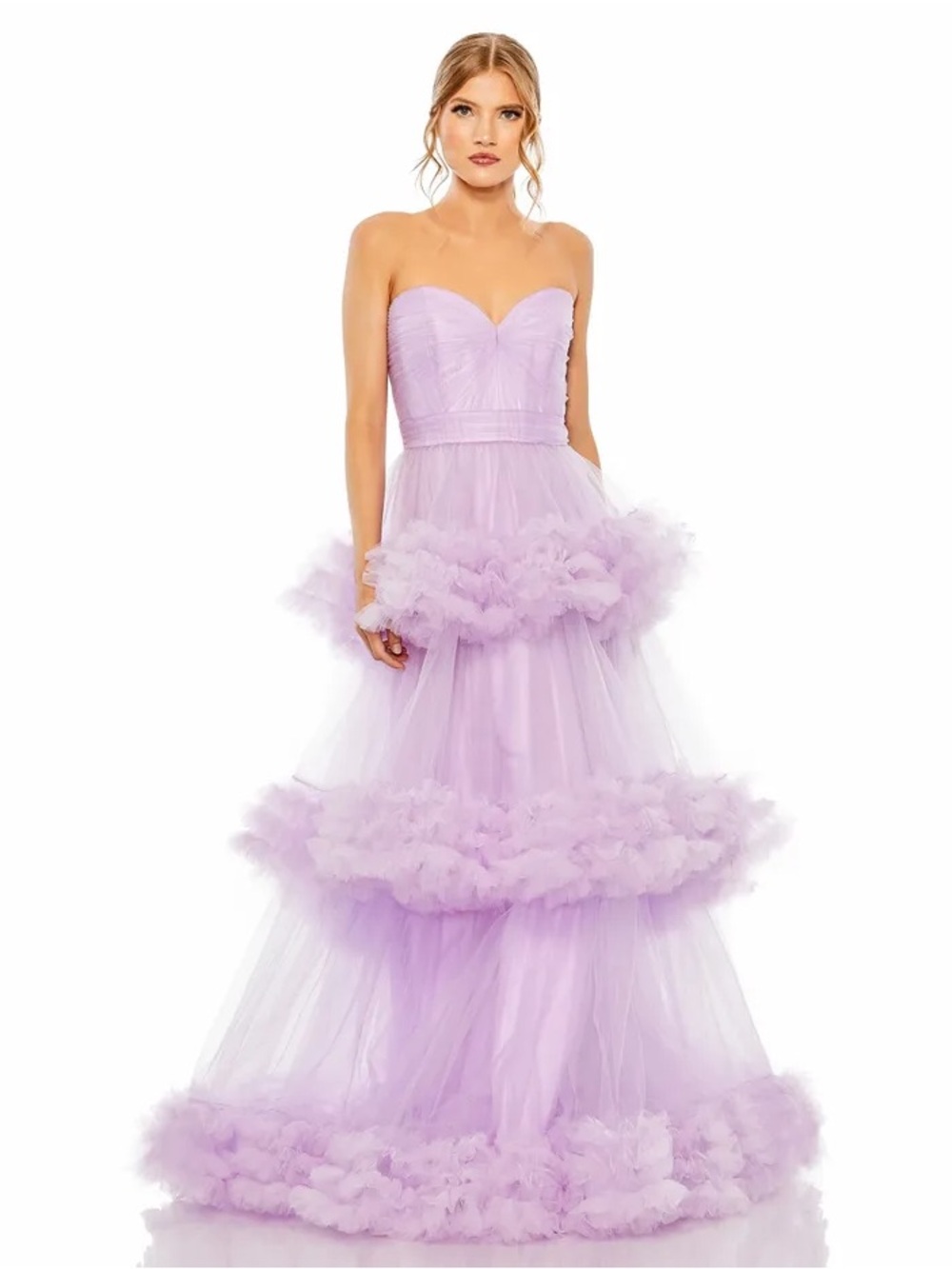 NWT Mac Duggal 68490 Strapless Ruffle Tulle Tiered Gown Size 14 Orchid